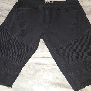 Bleecker & Mercer Black Destressed Moto Denim Streetwear Shorts Men's 34